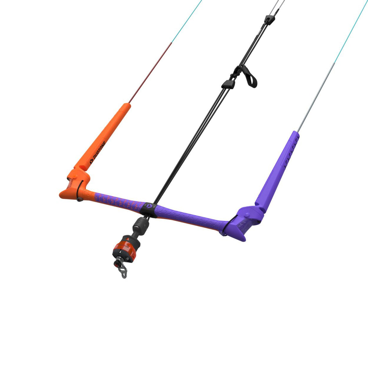 Duotone Trust Bar Quad Control 2027 Kitebar in Orange, Schwarz und Violett mit vier Leinen, Frontalansicht