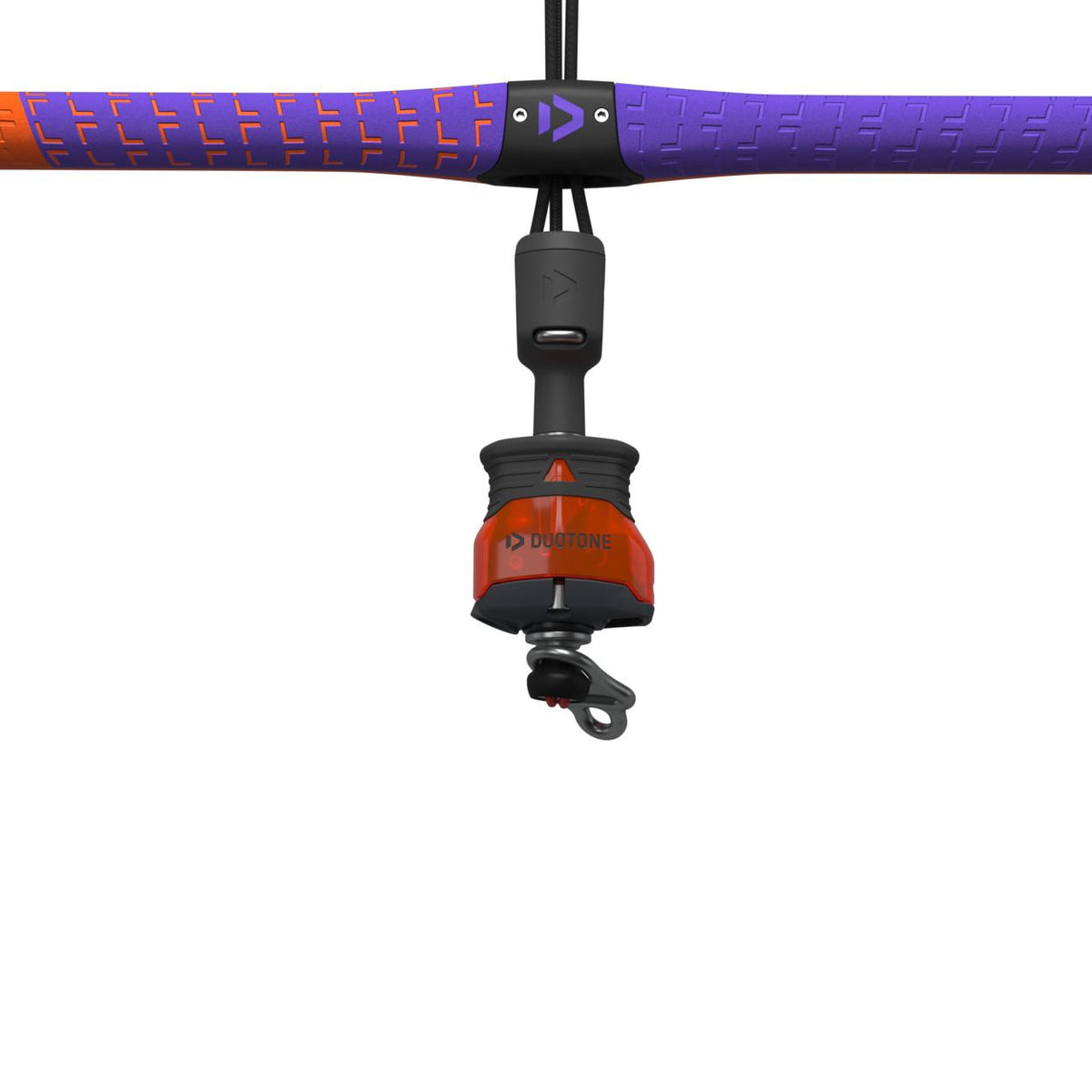 Duotone Trust Bar Quad Control 2027 Kitebar in Violett und Orange mit schwarzem Griff und Befestigungssystem, Frontalansicht