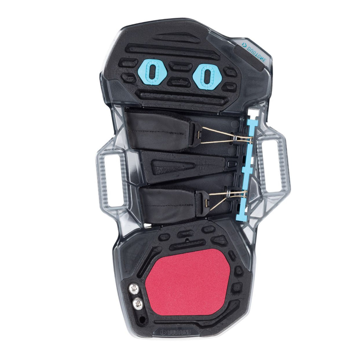 Duotone Entity 360 2027 Kiteboard schwarz mit türkisen Augen und rotem Fußpad, Draufsicht