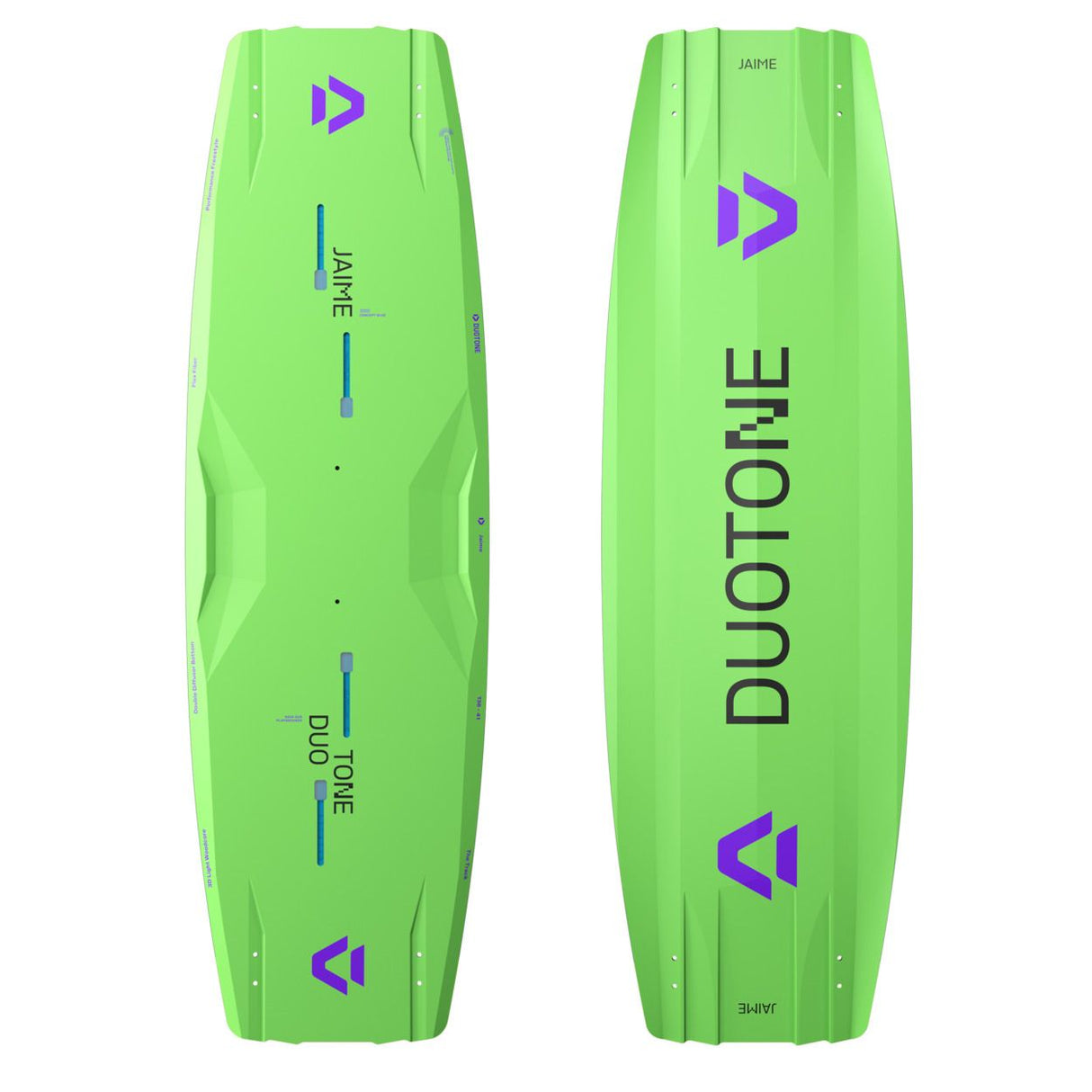 Duotone Jaime Concept Blue 2027 Kiteboard neongrün mit violettem Logo, Draufsicht beider Seiten