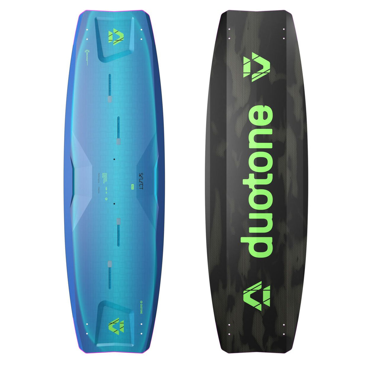 Duotone Select SLS 2027 Kiteboard in Blau und Schwarz, Draufsicht beider Seiten mit grünem Logo