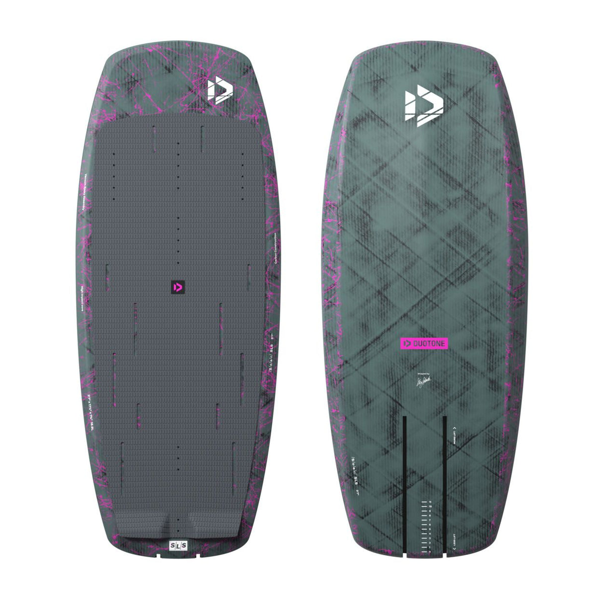 Duotone Soar SLS 2027 Kiteboard, grau-grün mit magenta, Oberseite und Unterseite, Doppelansicht