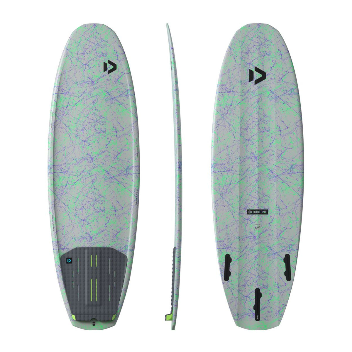 Duotone Provoke 2027 Kiteboard in Grün-Violett, 360-Grad-Ansicht mit Ober- und Unterseite, Composite-Material mit modernem Design
