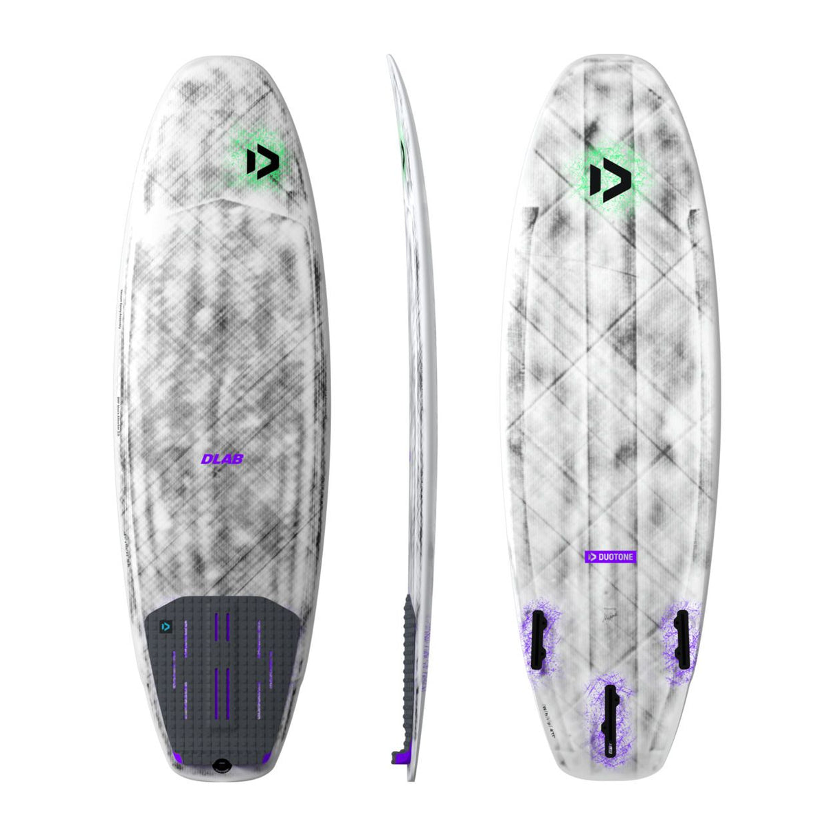 Duotone Whip D/LAB 2027 Kiteboard, Draufsicht, Seitenansicht und Unterseite, weiß-graues Muster mit grünem Logo und violetten Details