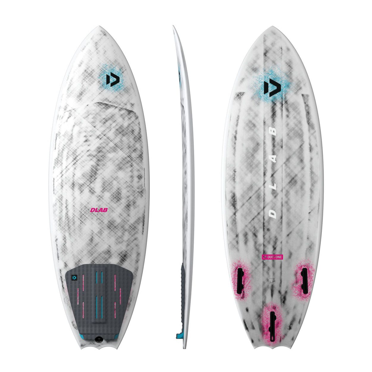 Duotone Volt D/LAB 2027 Kiteboard, Weiß-Grau Duotone mit pinken Details, Top-, Seiten- und Unteransicht