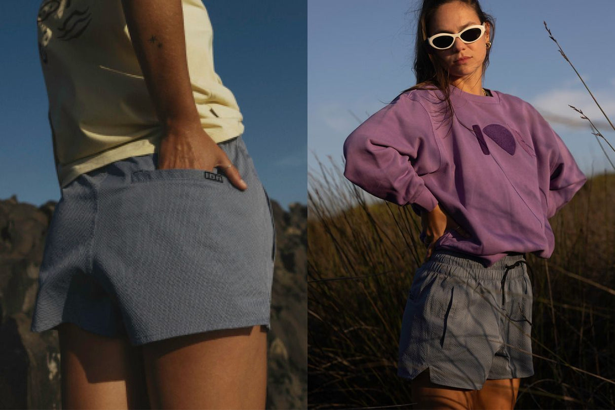 ION Tally 2.5 Boardshorts Damen grau, Frontal- und Rückansicht, funktionelle Badeshorts mit Schnelltrockner-Material