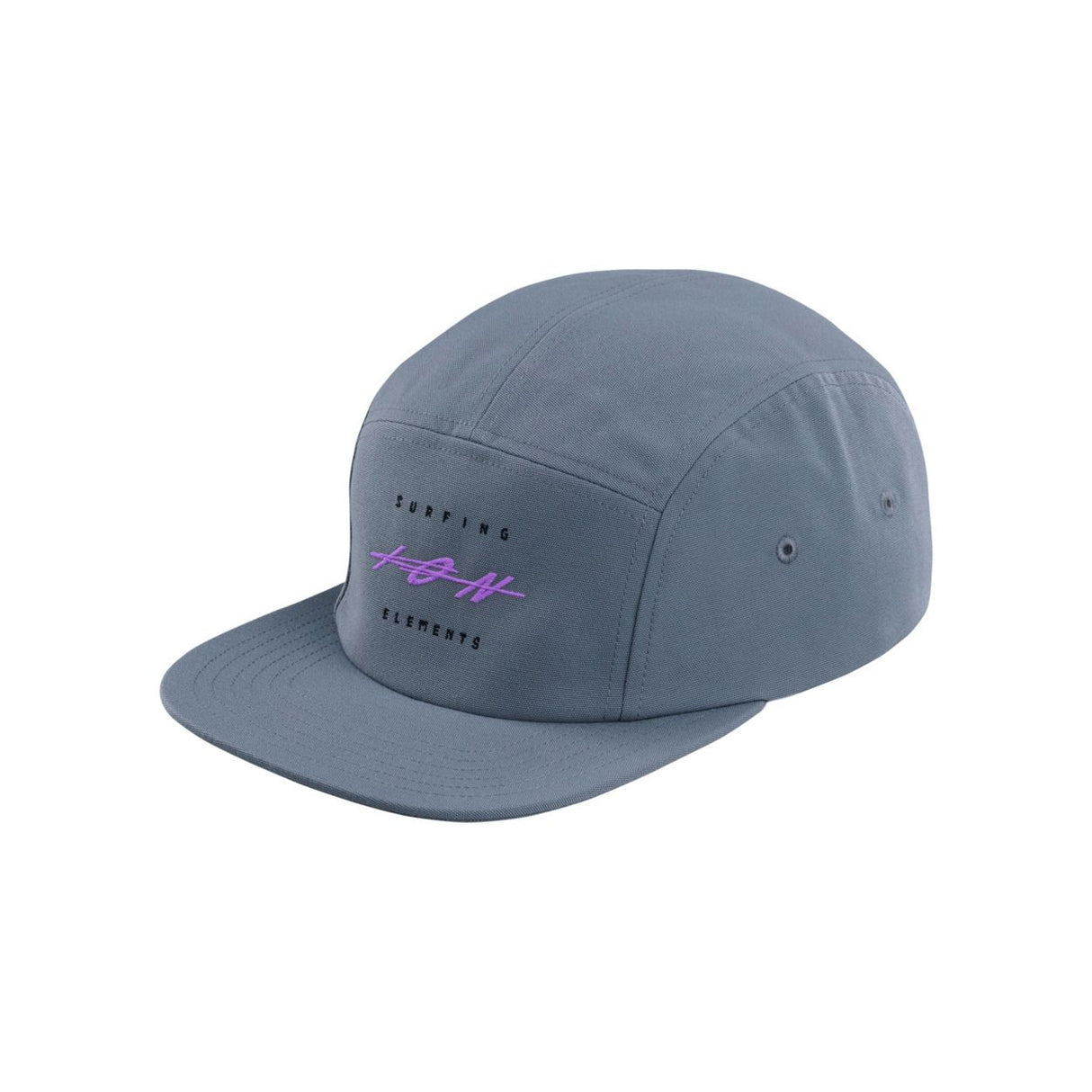 ION Cap Stan 2026 blaugrau mit lila Logo, Frontansicht, 5-Panel Snapback-Kappe