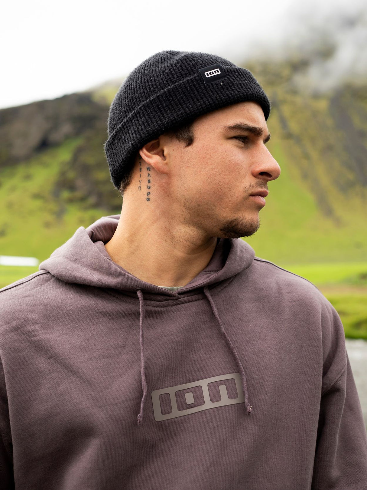 ION IONIC Hoodie 2026 in Grau mit großem ION-Logo, Seitenprofil-Ansicht outdoor