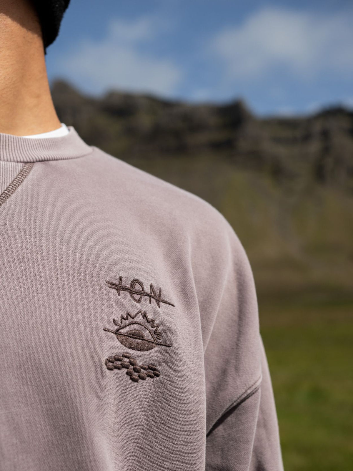 ION Sweater Mood Men beige Baumwollmischung mit gesticktem Motiv, Frontalansicht auf Modell