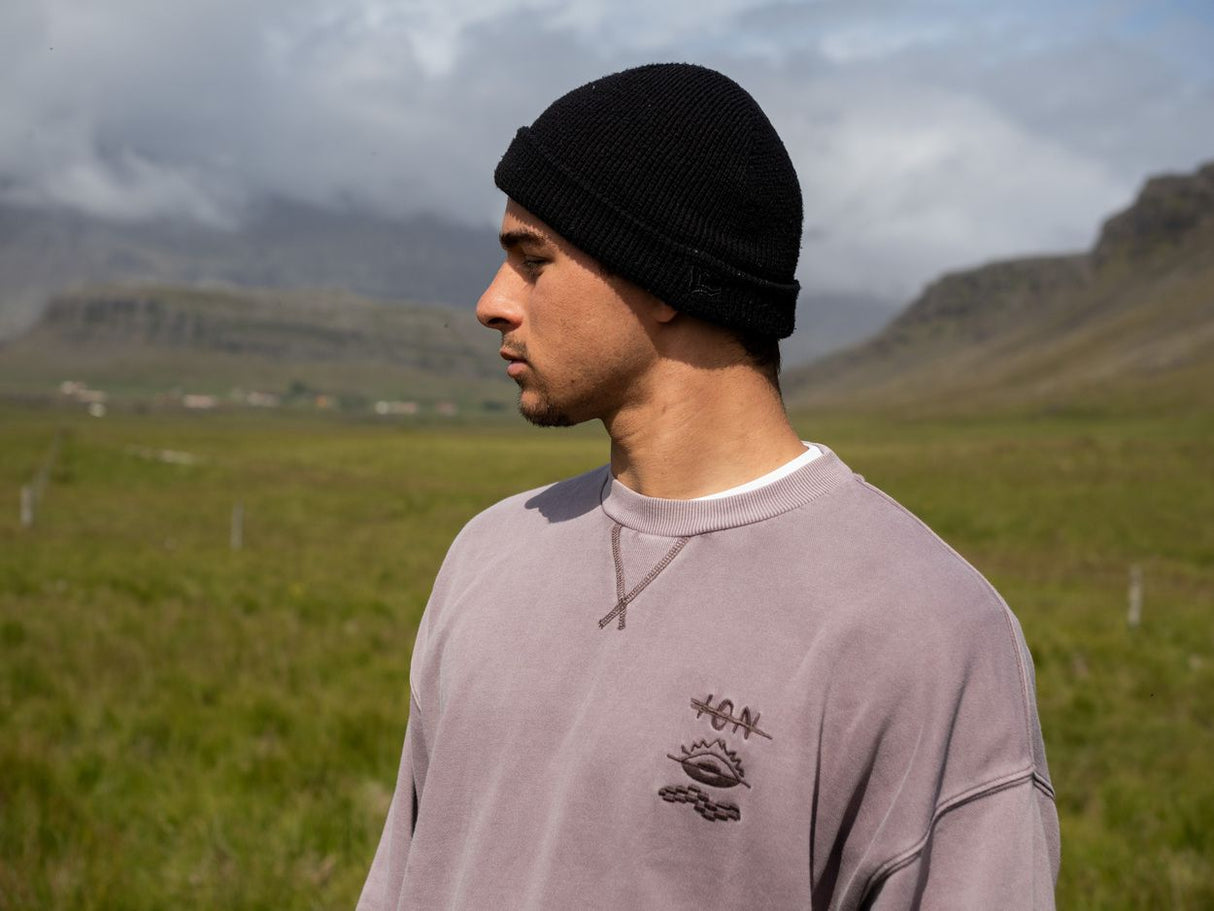 ION Sweater Mood Men grau mit Rundhalsausschnitt und Grafik-Print, Seitenansicht auf Modell in Berglandschaft