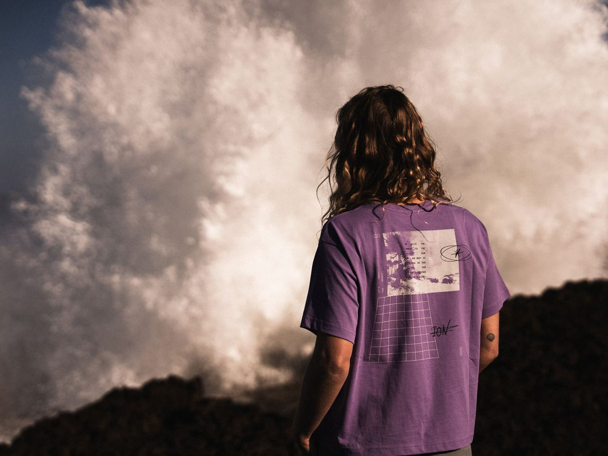 ION Ion Tee Vibes 2026 Lila T-Shirt mit Grafik-Print, Rückansicht vor Himmel