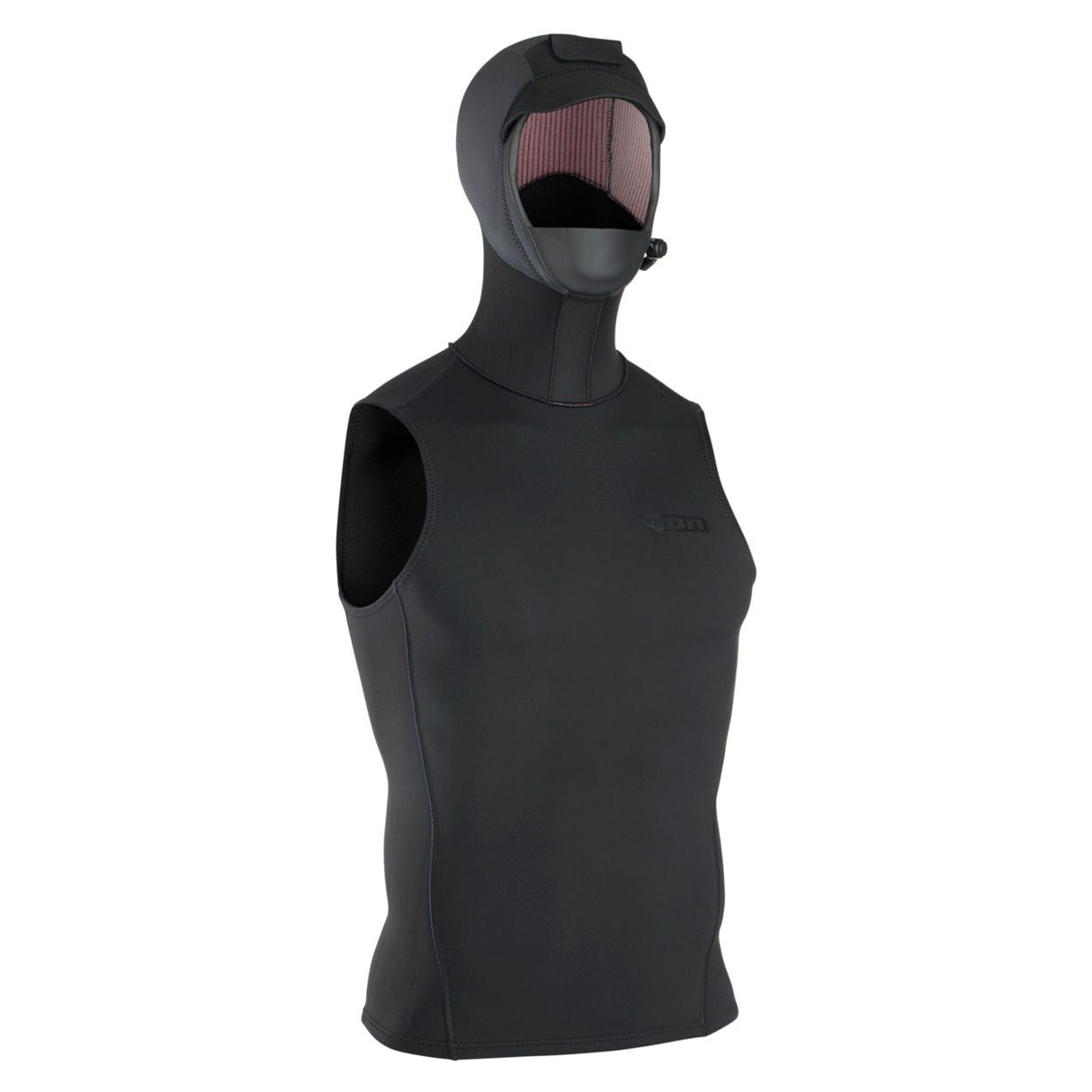 ION Hooded Neo Vest 3/2 schwarz, ärmelloses Neopren-Weste mit Kapuze, Frontalansicht