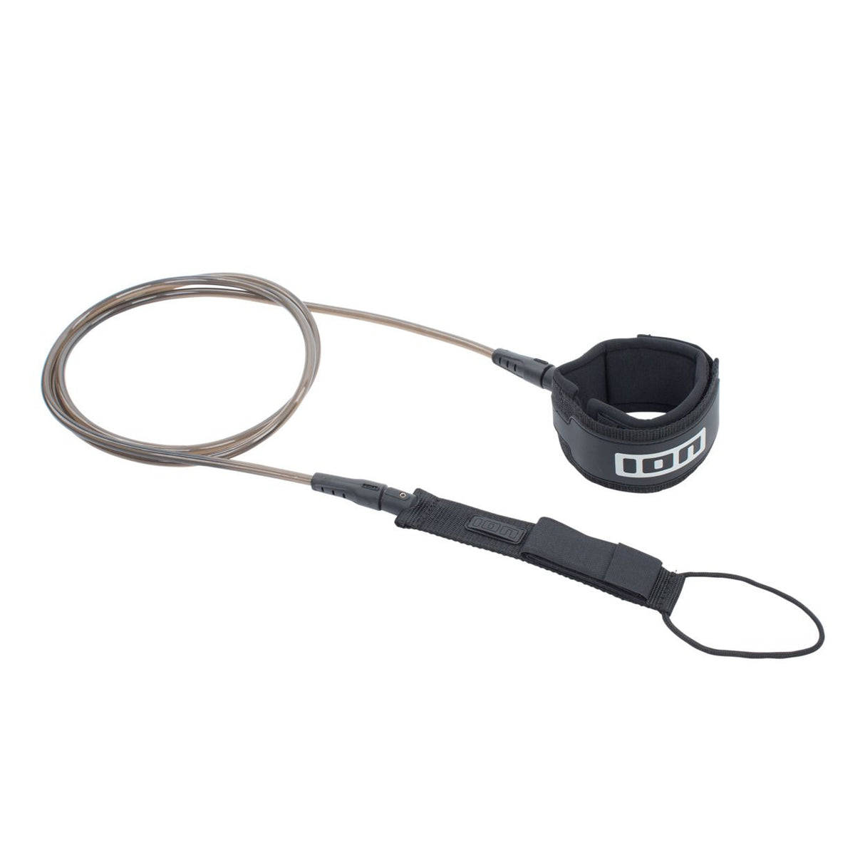 ION Surf Leash Core Ankle 2026, schwarz, Neopren-Manschette mit grauem Kabel und Handschlaufe, Seitenansicht