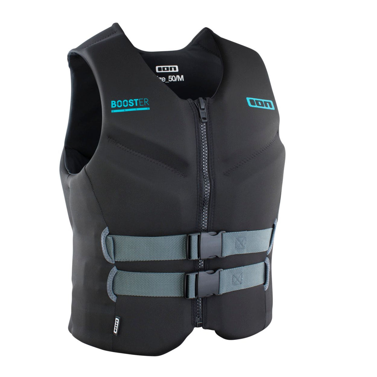 ION Booster Vest USCG schwarz mit Frontreißverschluss, zwei Gurten, Frontalansicht