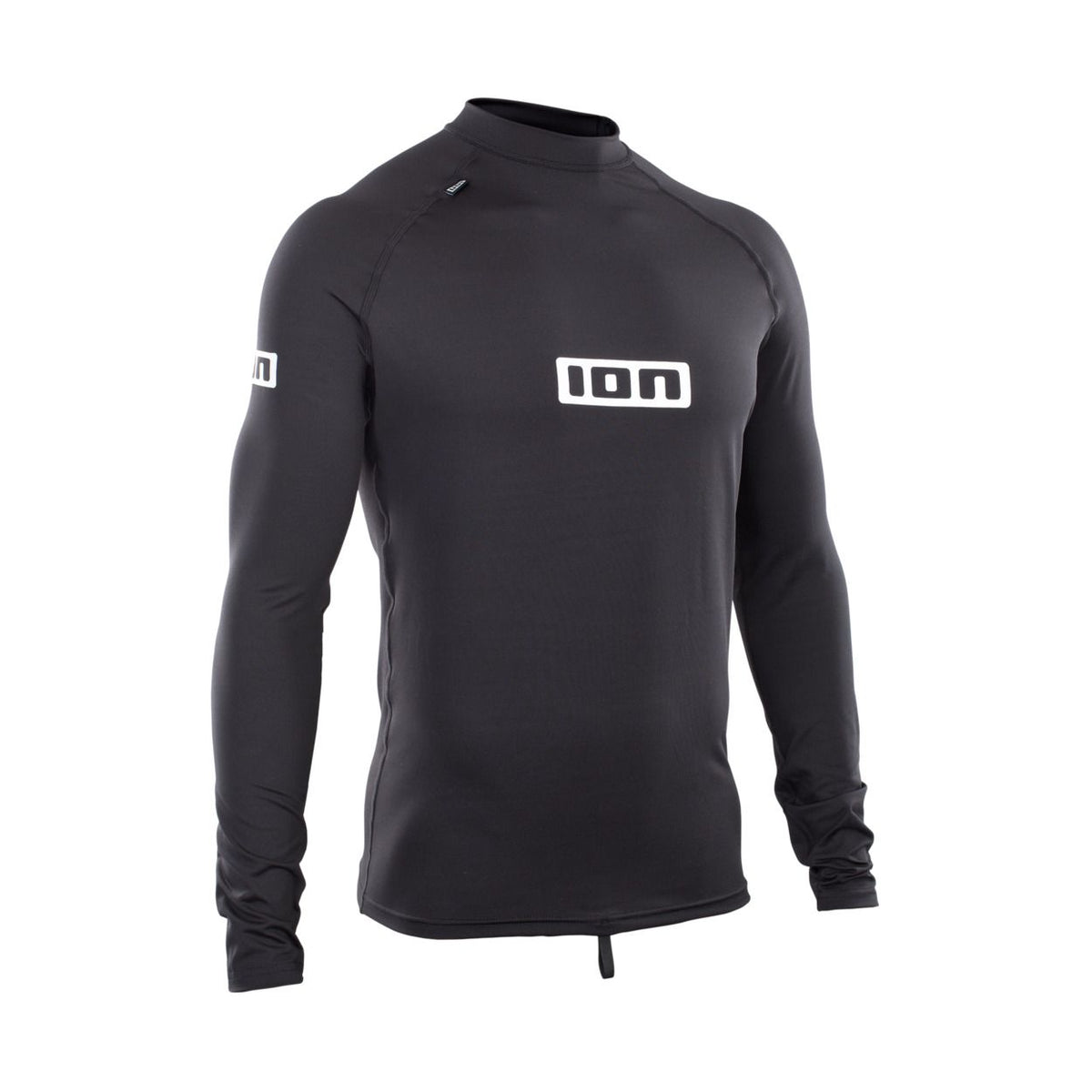 ION Promo Rashguard 2026 schwarzer Langarm-Neoprenanzug mit weißem ION-Logo, Frontalansicht
