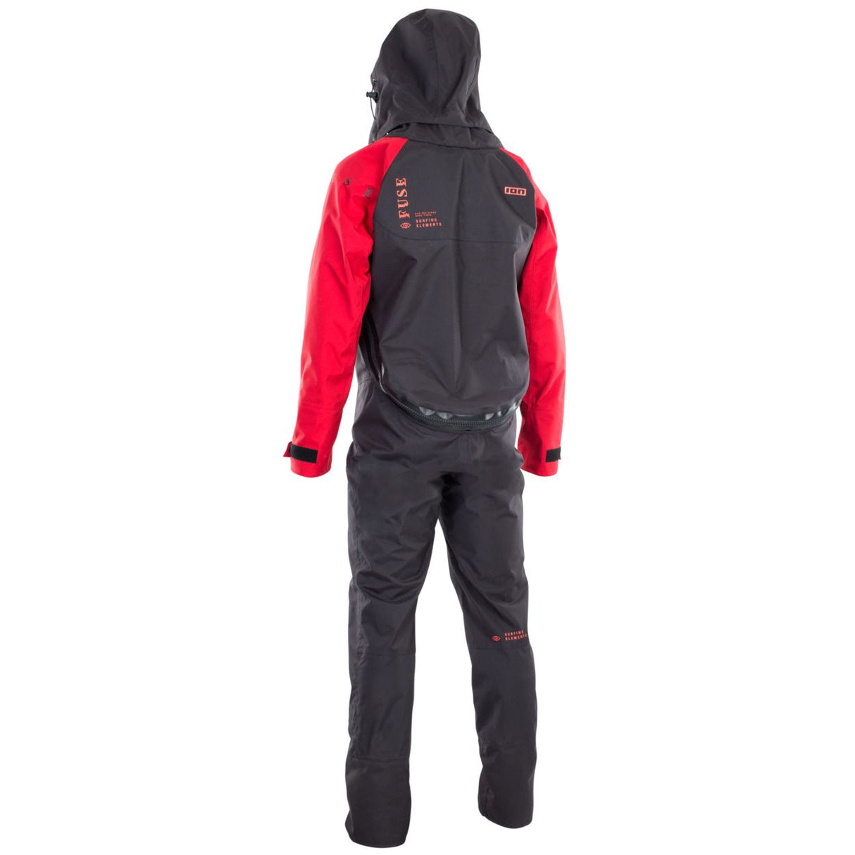 ION Fuse Lightweight Drysuit Back Zip 2026 schwarz rot Rückansicht mit Kapuze