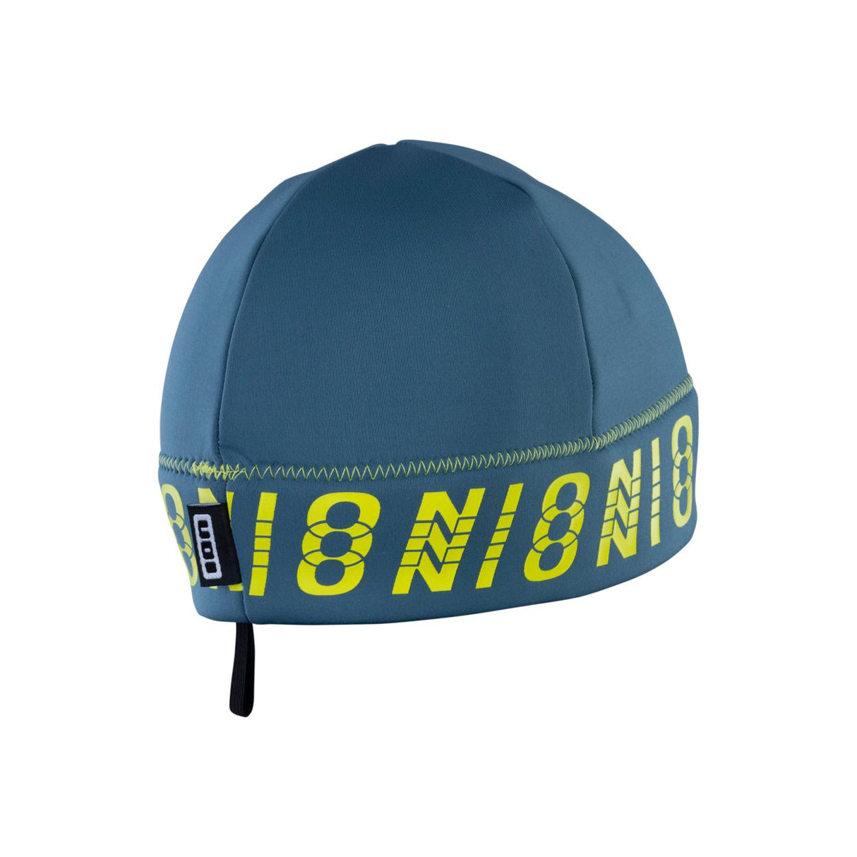 ION Water Beanie Neo Logo unisex, blaugrüne Neopren-Mütze mit gelbem ION-Logo-Band, Frontalansicht