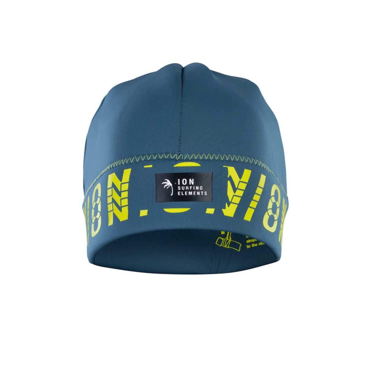 ION Water Beanie Neo Logo unisex 2026, blaugrüne Neopren-Mütze mit gelbem ION Logo-Schriftzug, Frontansicht