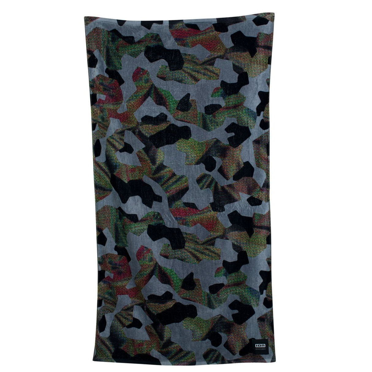 ION Premium Strandtuch 2023 mit abstraktem Camouflage-Muster in Blau, Schwarz und Grün, Frontalansicht
