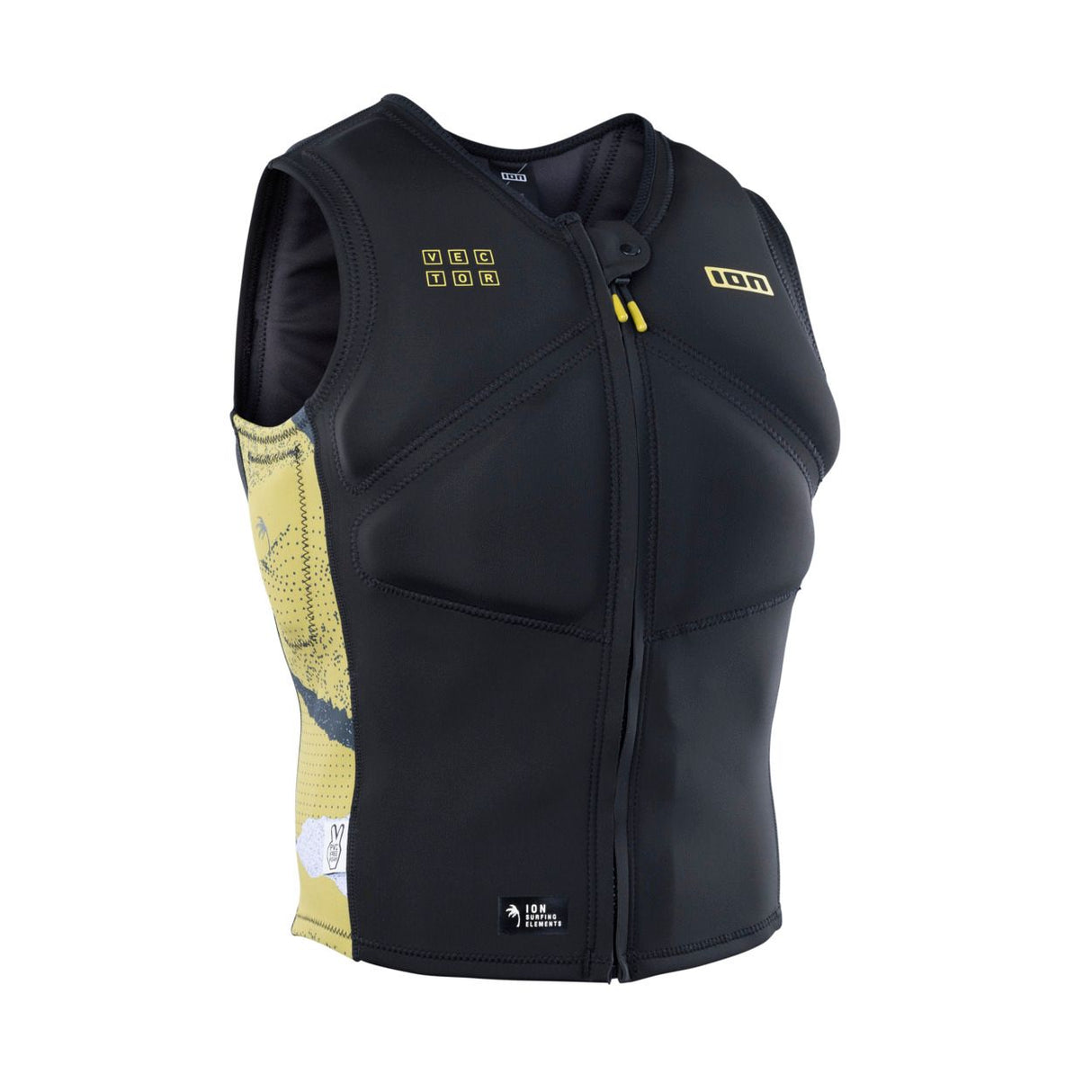 ION Vector Vest Core Front Zip Herren 2024, schwarz mit gelbem Mesh-Einsatz, Frontansicht, Neopren-Prallschutzweste