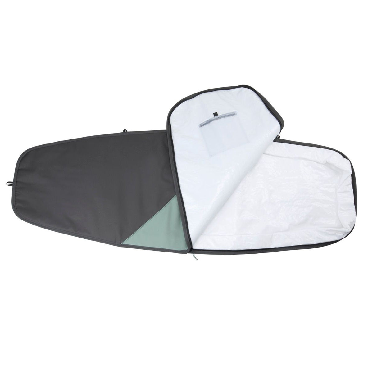ION Surf Boardbag Core Compact 2024 SS, schwarze Tasche mit weißem Innenfutter, geöffnet zur Ansicht, kompaktes Design