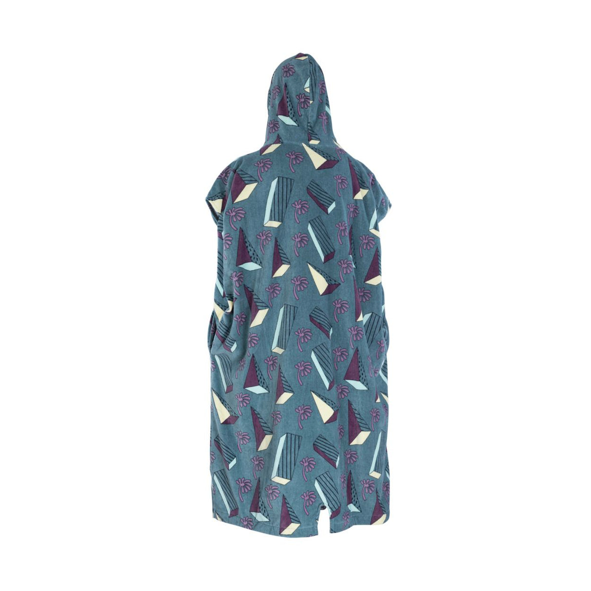 ION Poncho Core 2026 Badeponcho aus Baumwolle, petrolblau mit buntem Muster, Frontansicht
