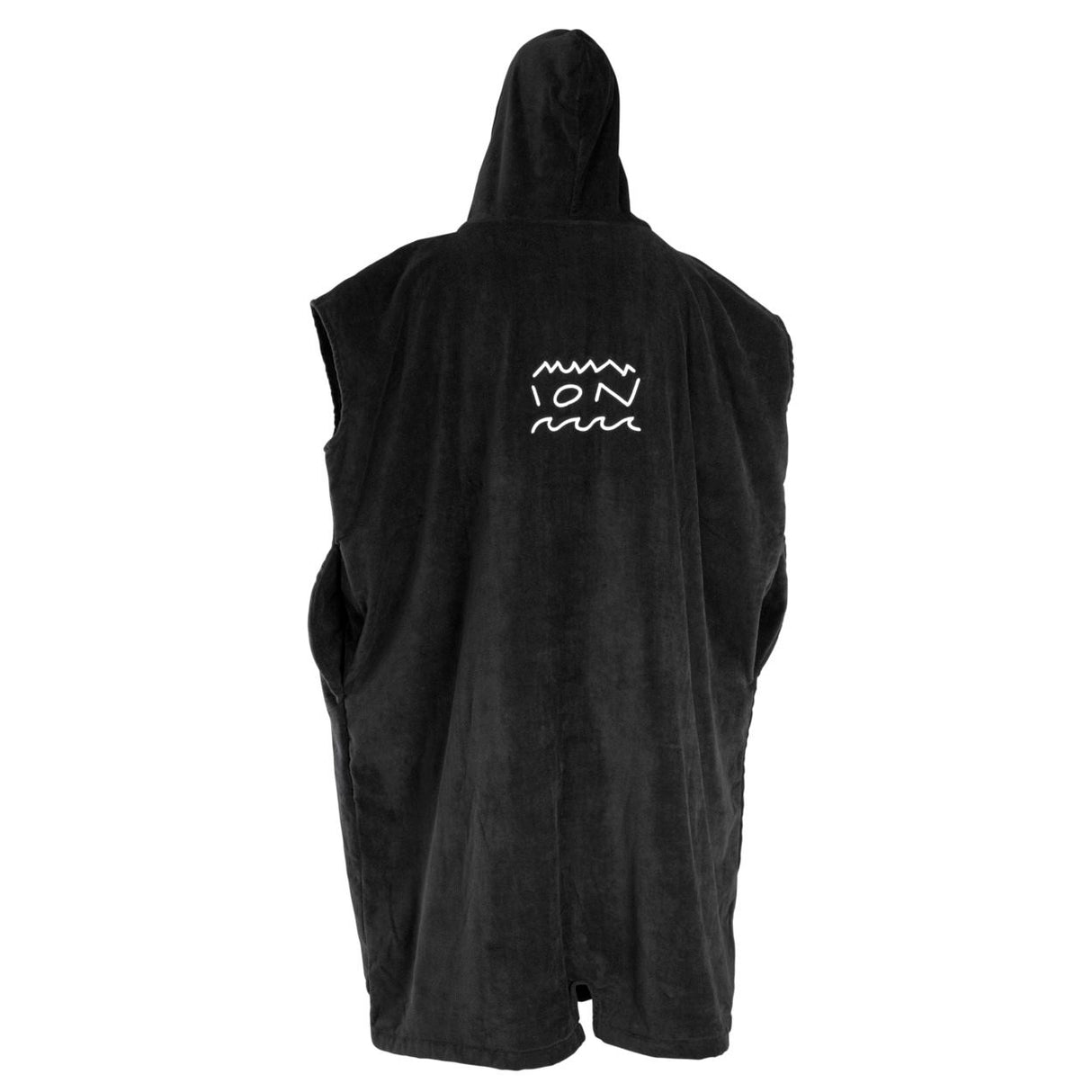 ION Poncho Core 2026 schwarzes Baumwoll-Poncho mit Kapuze und Logo-Print, Rückansicht