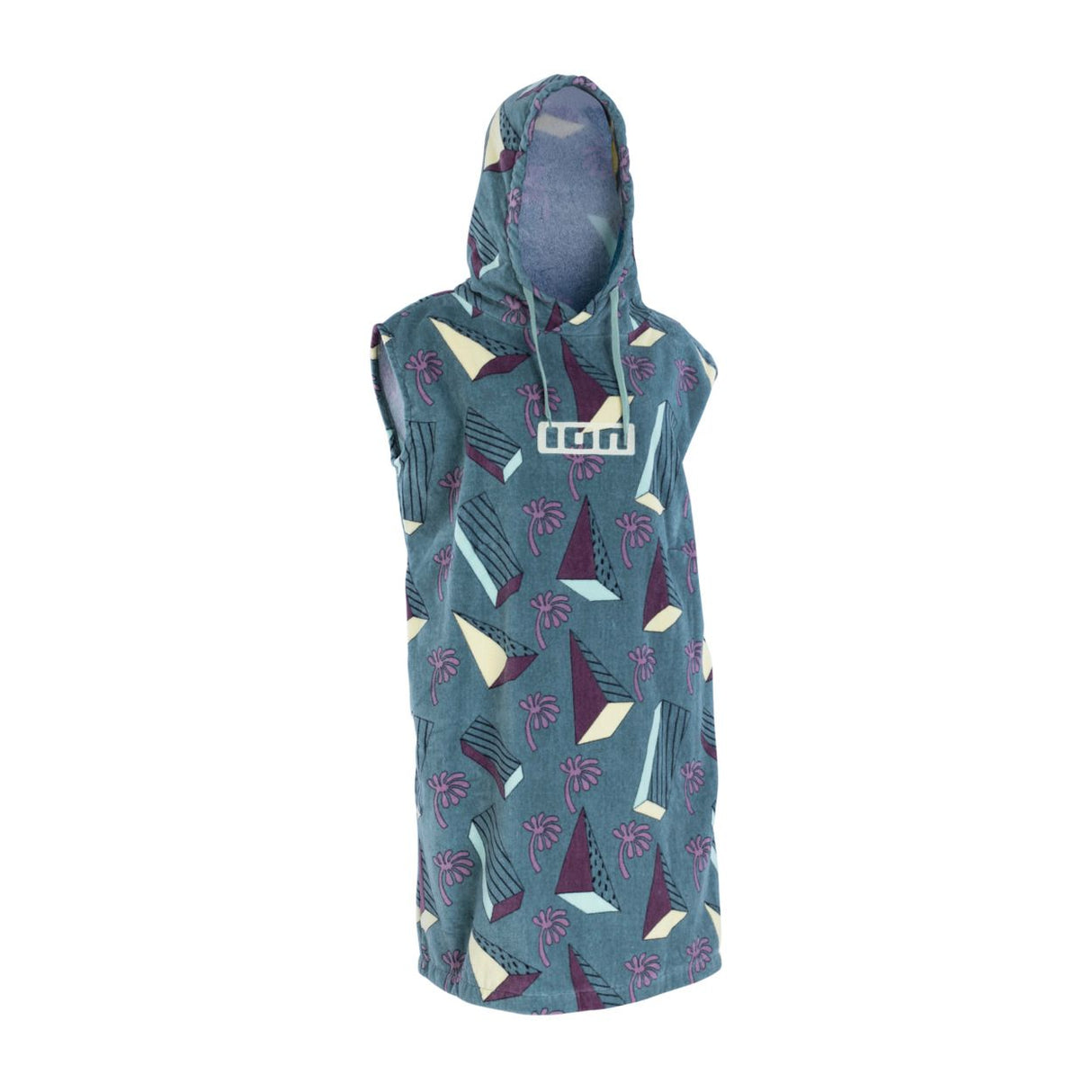 ION Grom 2025 Poncho in Blaugrau mit farbenfrohes Muster, Frontalansicht auf Mannequin