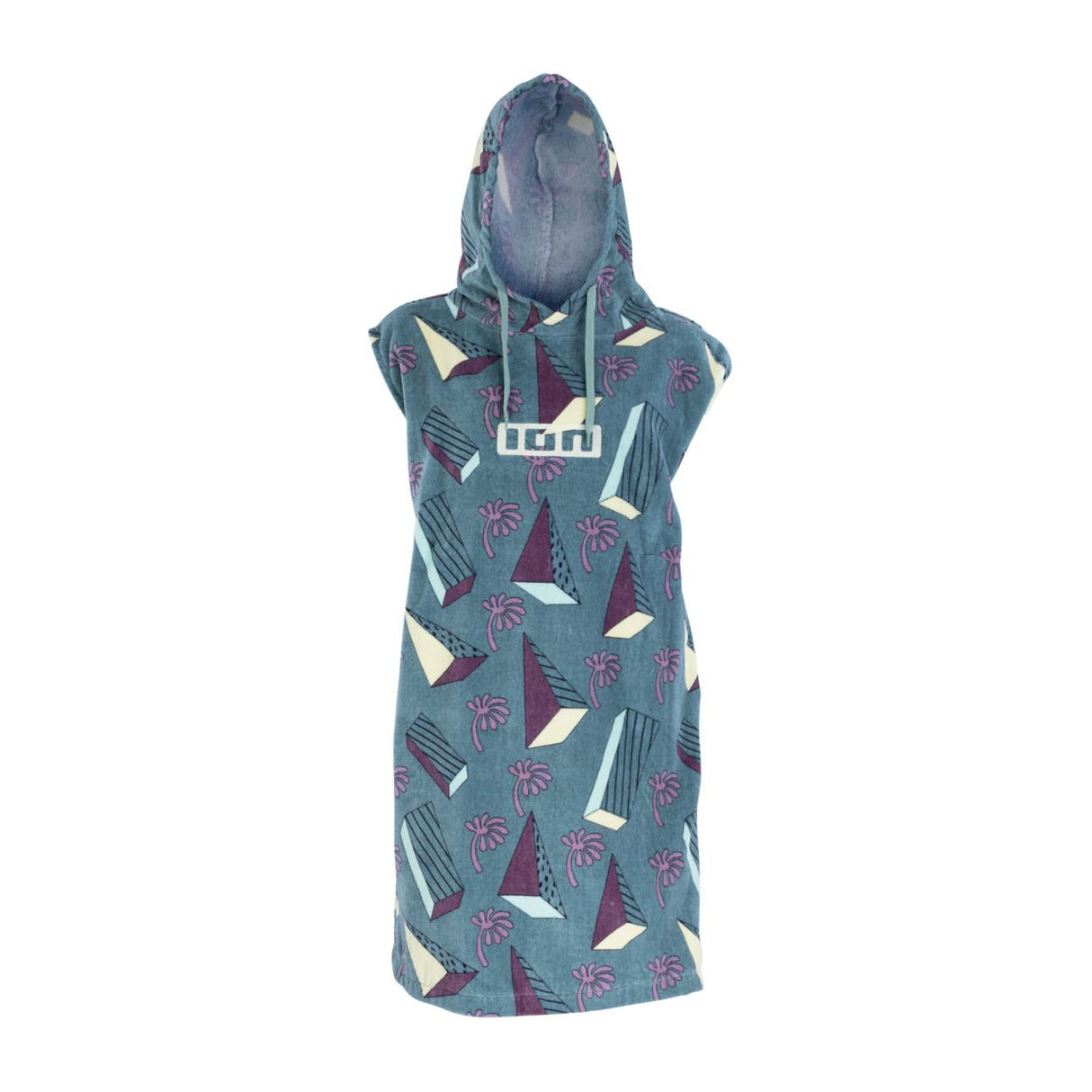ION Grom 2025 Poncho aus Baumwolle, blaugrau mit tropischem Print, Kapuze und ION-Logo, Vorderansicht