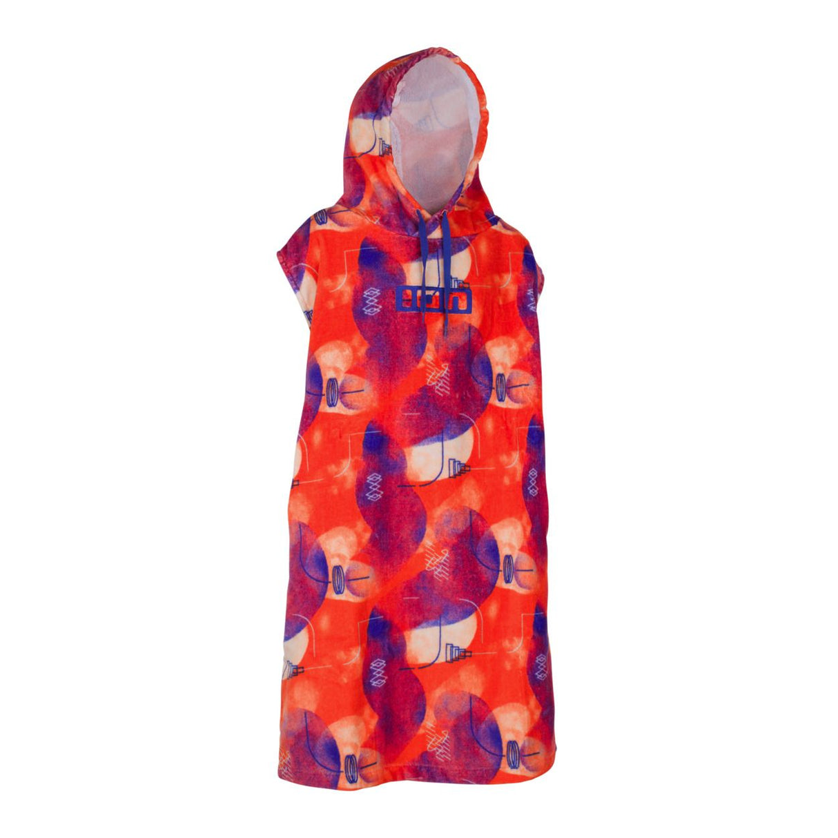ION Grom 2025 Kinderponcho rot-lila mit Kapuze und buntem Muster, Frontalansicht