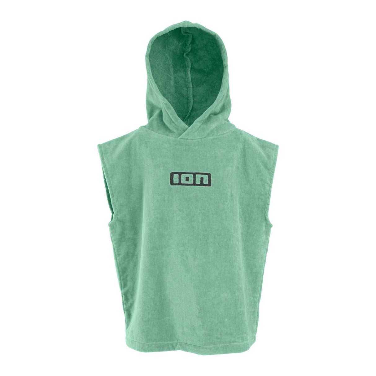 ION Poncho Mini Grom 2024 grün, ärmellos, Baumwolle, mit Kapuze und ION-Logo, Frontalansicht
