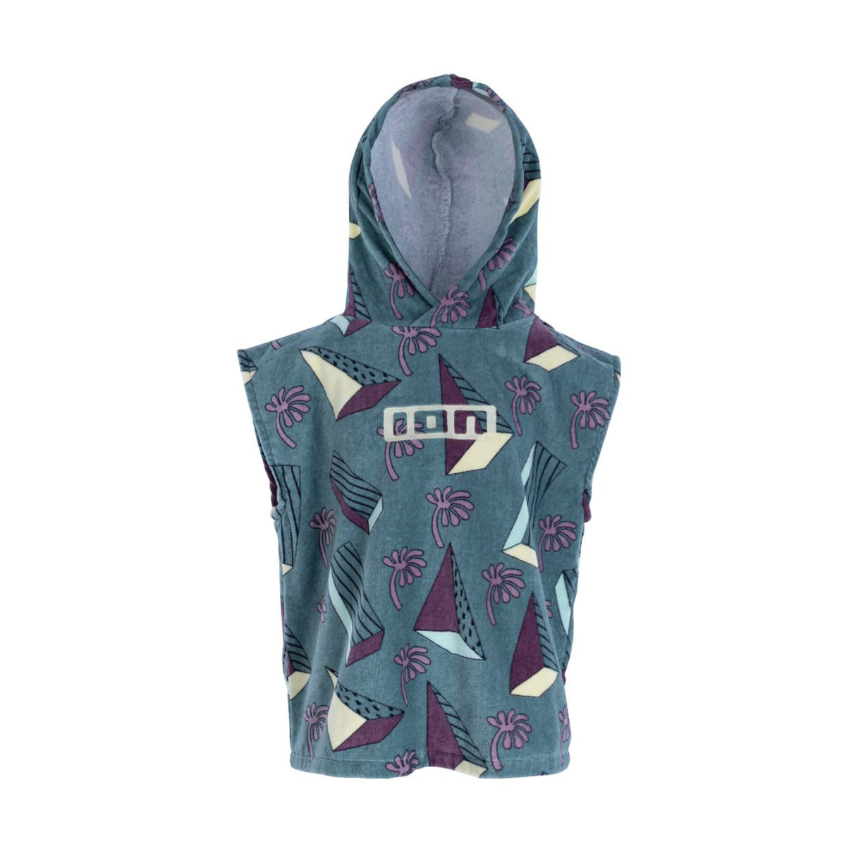 ION Poncho Mini Grom 2024 Kinderponcho mit Kapuze, blaugrünem Muster und Palmen-Design, Frontalansicht