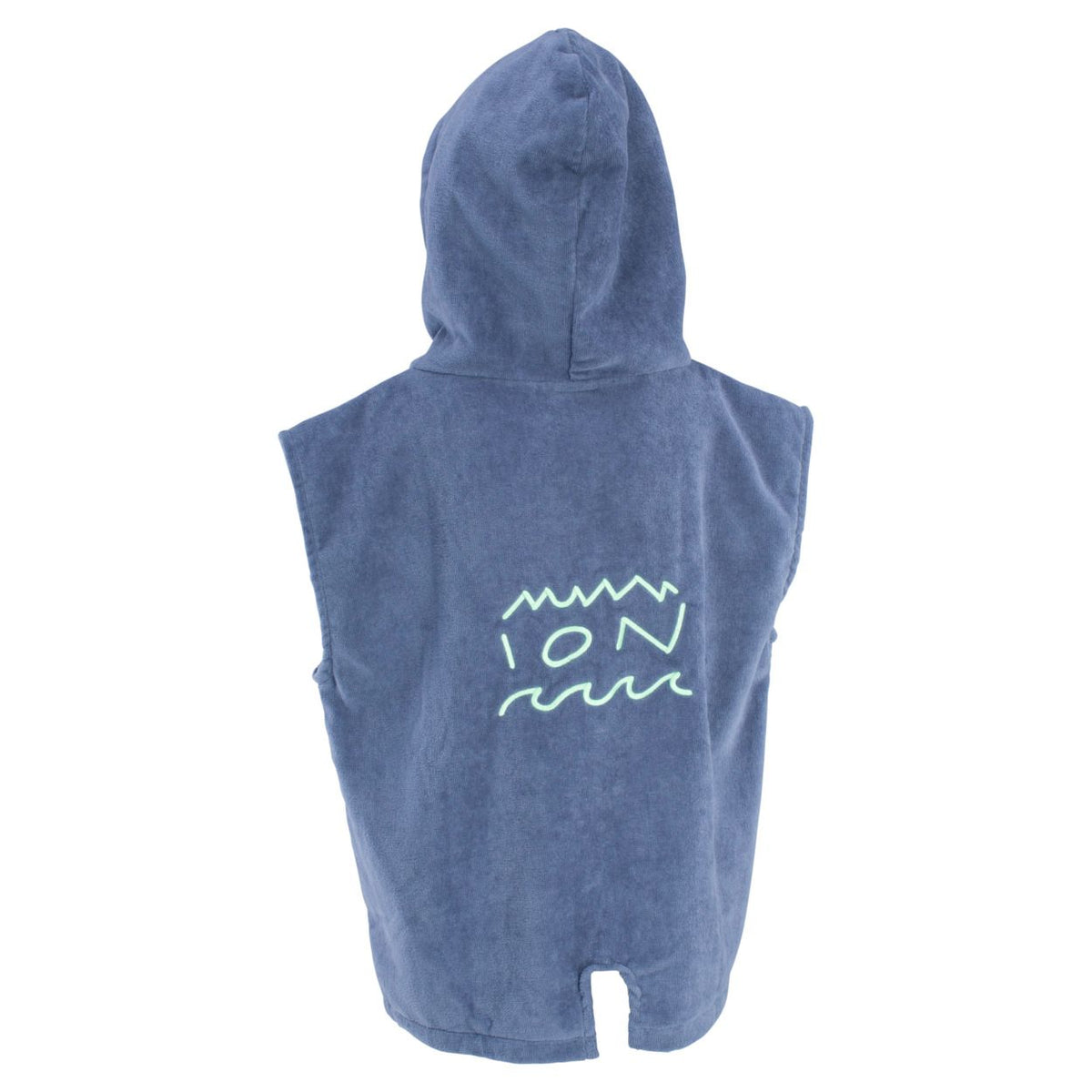 ION Poncho Mini Grom 2024 blau aus Frottee mit Kapuze und weißem Logo-Print, Frontalansicht