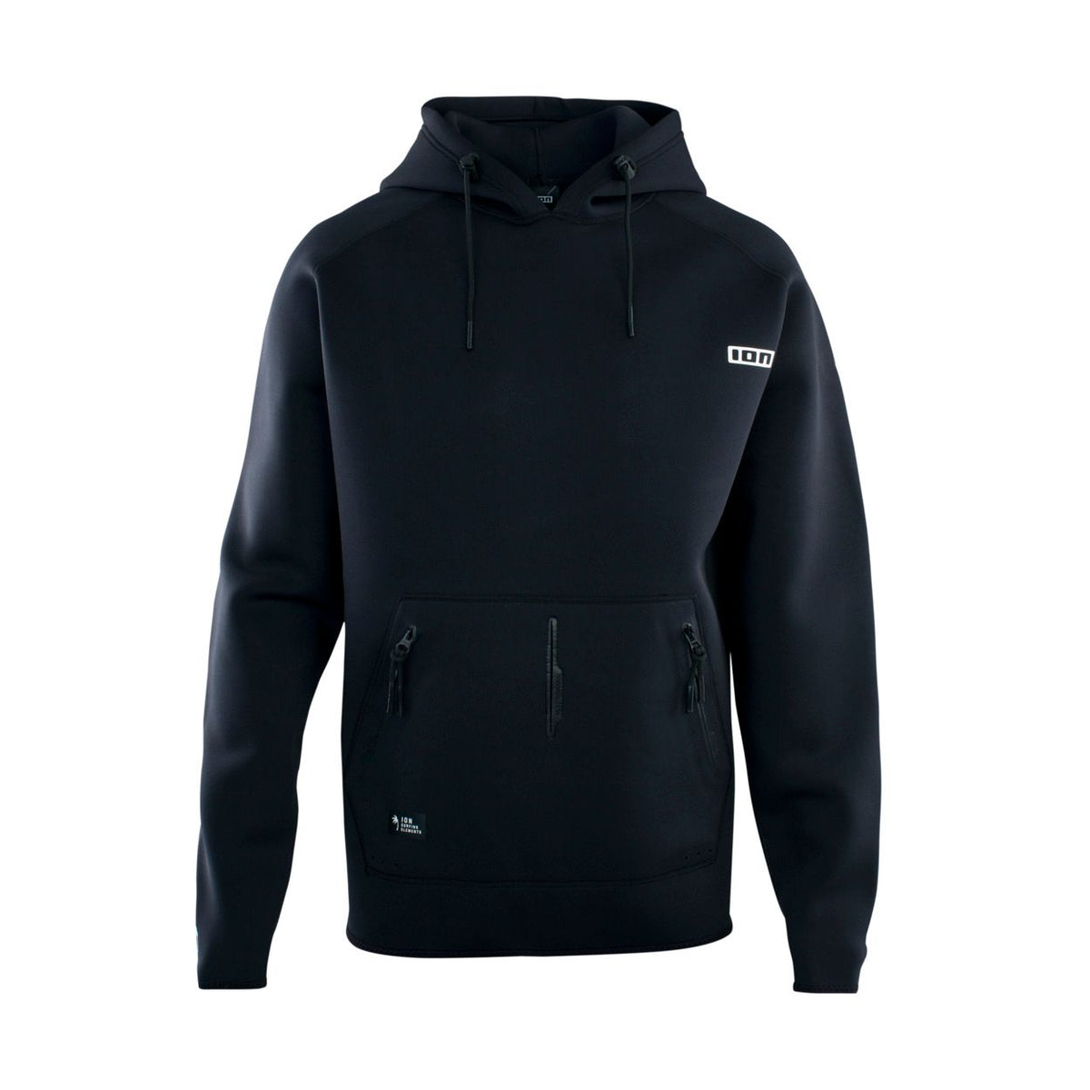 ION Neo Hoody Lite Men 2025, schwarzer Neopren-Hoodie mit Kapuze, Frontansicht, leichte Wärmeschutzjacke