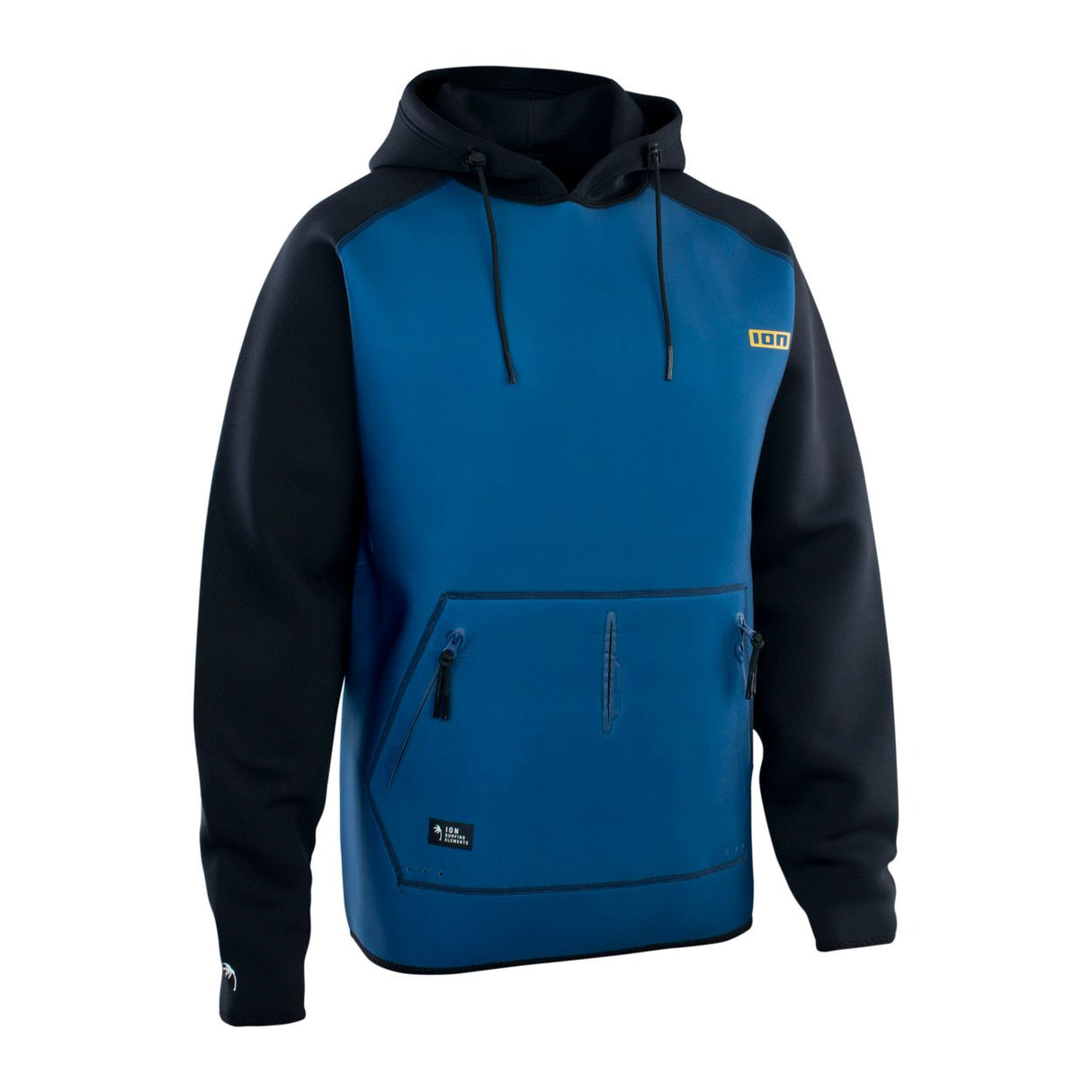 ION Neo Hoody Lite Herren 2025, blau-schwarze Neoprenjacke mit Kapuze und Fronttasche, Frontansicht