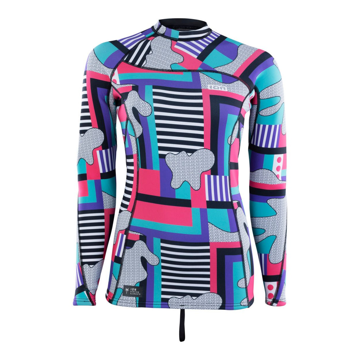 ION Neo Top 2/2 LS Damen Neoprenanzug mit geometrischem Muster in Pink, Blau und Türkis, Frontalansicht