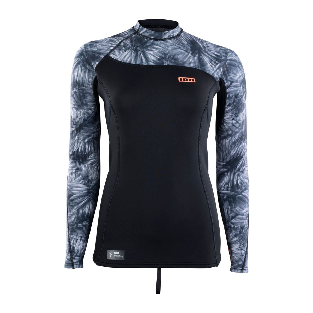 ION Neo Top 2/2 LS Damen Neoprenanzug schwarz mit Batik-Ärmeln, Frontansicht