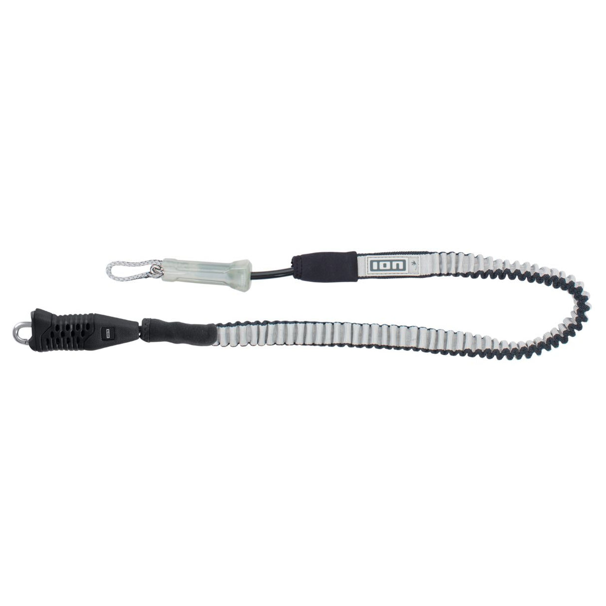 ION Amp Long 2026 Trapez-Leash mit schwarz-weißem Spiralkabel und Karabinerhaken, Frontalansicht