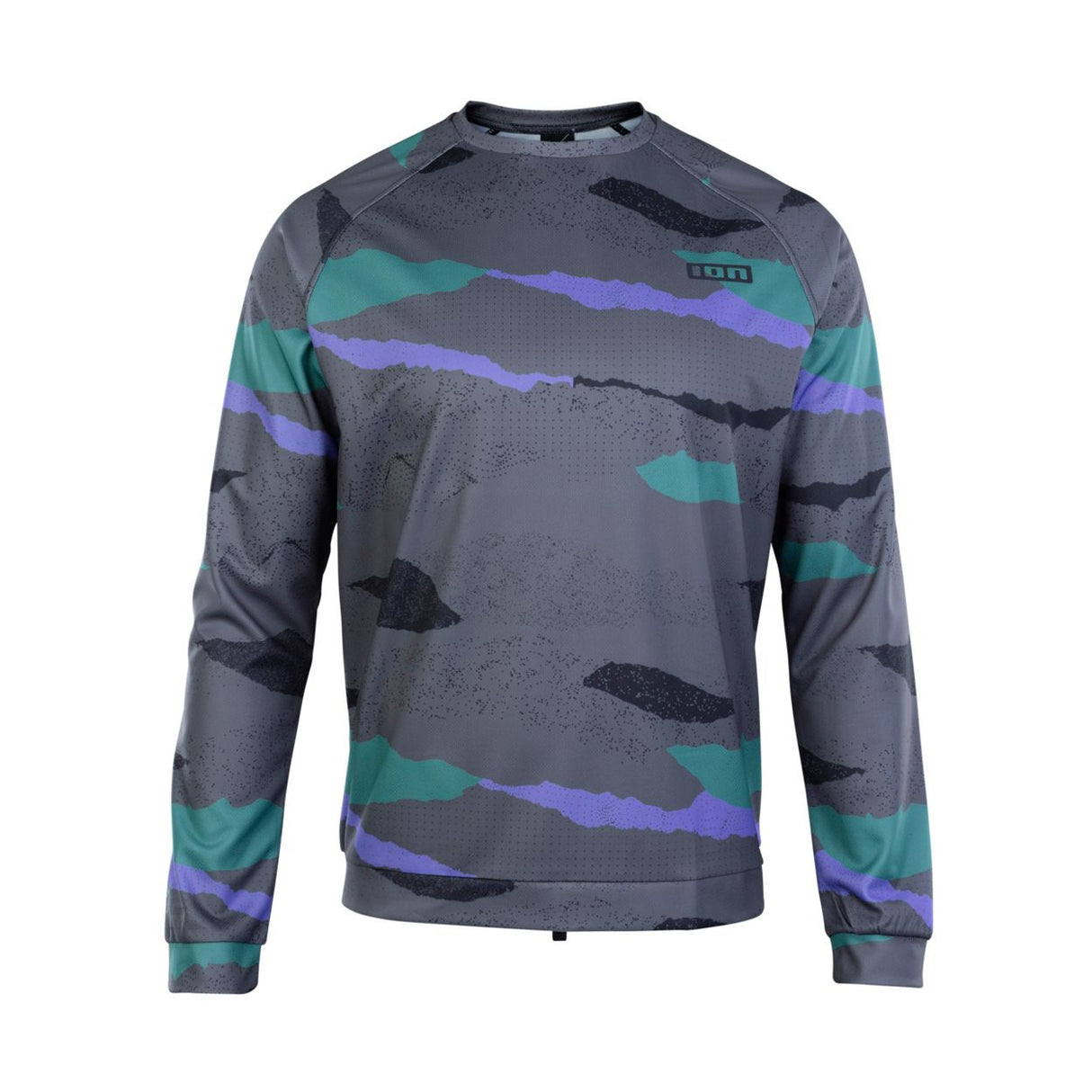 ION Wetshirt LS men 2025 Langarmshirt grau mit türkis-violettem Muster, Frontansicht