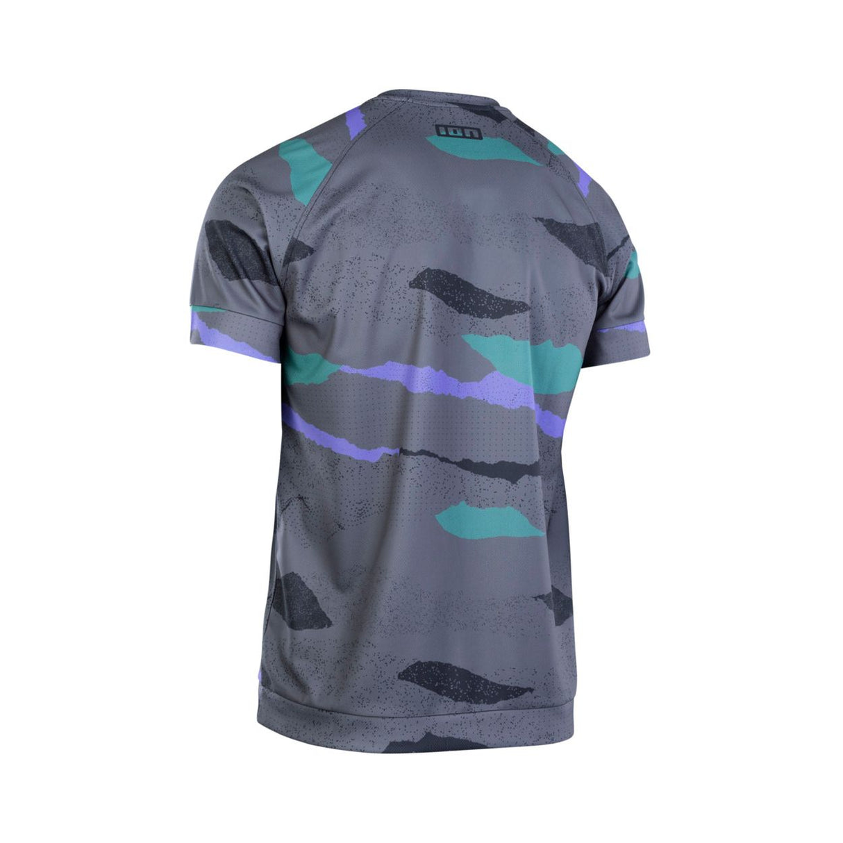 ION Wetshirt SS 2025 grau mit türkis-violettem Muster, Kurzarm, Frontansicht