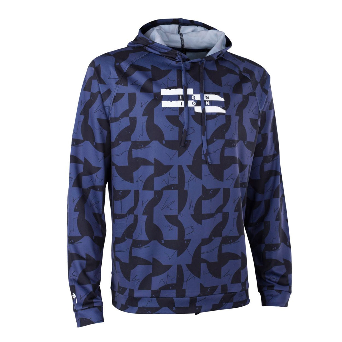 ION Wetshirt Hood Langarm Herren blau-schwarzes Allover-Muster, Kapuze, Frontansicht