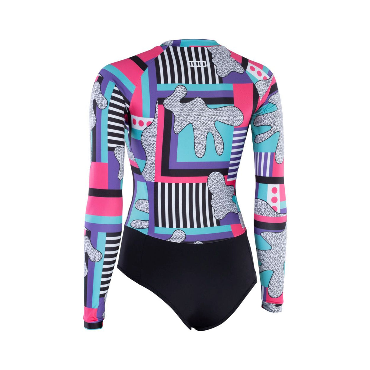 ION Bottom Swimsuit LS women 2024, farbiges Muster mit Pink Türkis Blau, Langarm, schwarzer Bund, Vorderansicht
