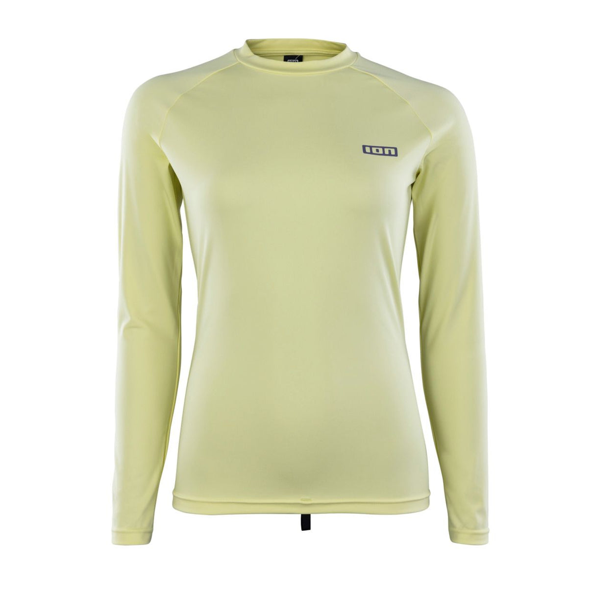 ION Damen Rashguard Langarm in Hellgelb, Frontansicht, UV-Schutz Langarmshirt mit ION Logo