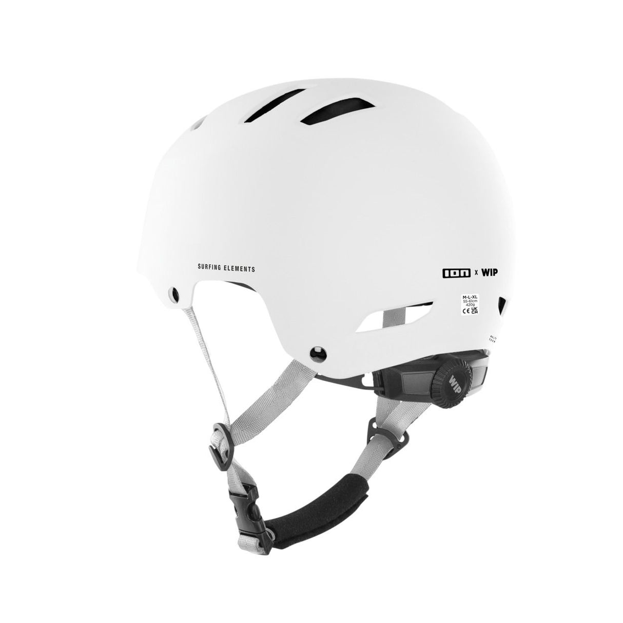 ION Slash Core Helmet 2026 weiß mit Belüftungsöffnungen, Kinnriemen und Seitenschutz, Seitenansicht