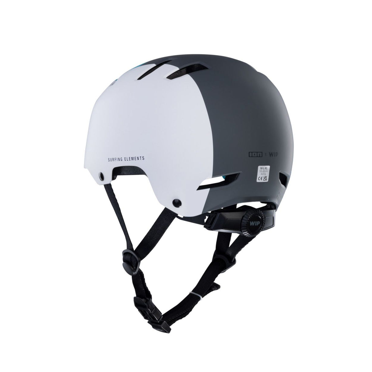 ION Slash Core Helmet 2026 weiß-schwarz mit Belüftungsöffnungen und Kinnriemen, Seitenansicht