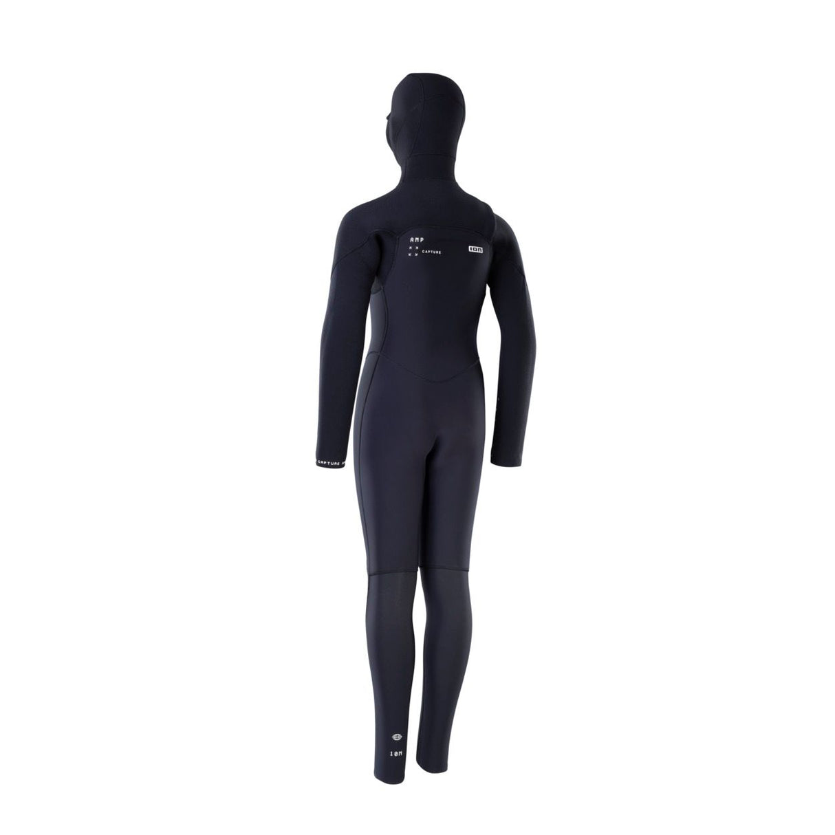 ION Capture Amp 6/5 Hood Front Zip junior Neoprenanzug in Schwarz, Frontalansicht mit Kapuze und Reißverschluss