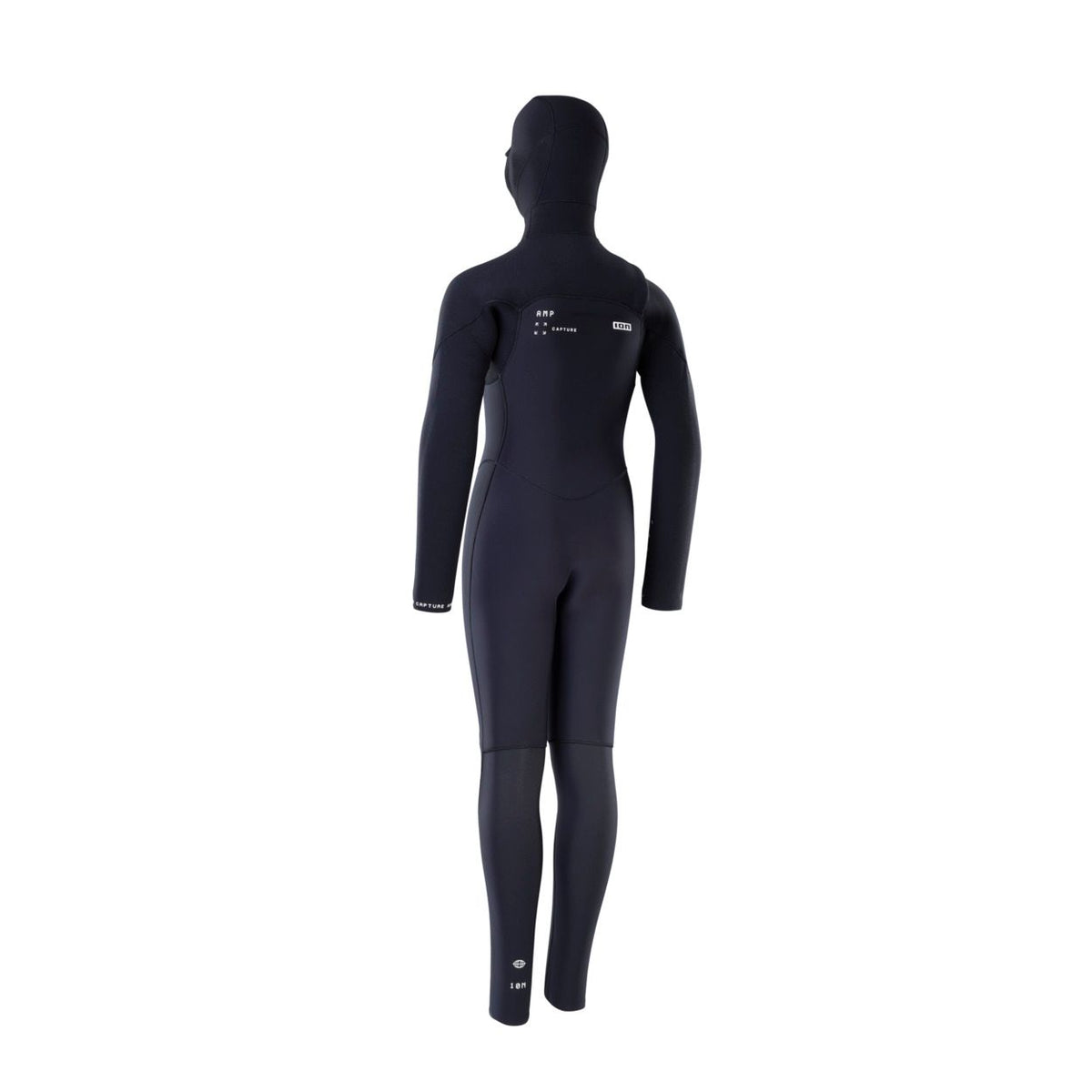 ION Capture Amp 6/5 Hood Front Zip junior Neoprenanzug in Schwarz, Frontalansicht mit Kapuze und Reißverschluss