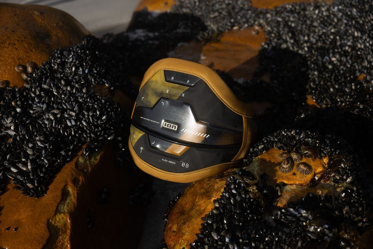 ION Apex Kite Trapez Herren 2026 in Schwarz-Gold, Draufsicht auf gepolstertes Kiteboarding-Trapez mit schwarzen und goldenen Elementen