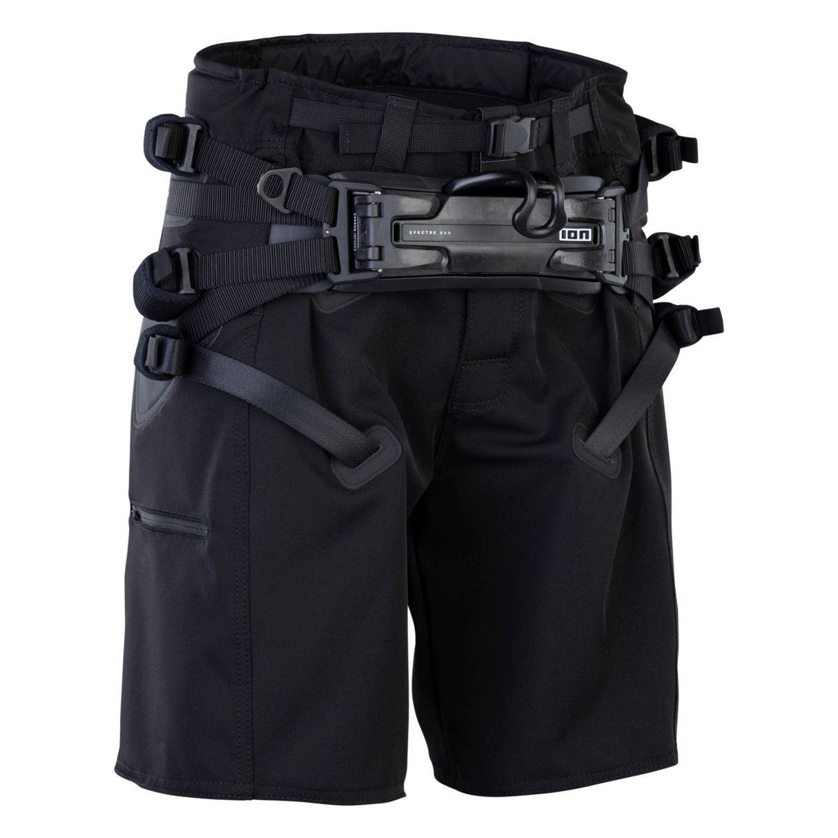 ION B2 2026 Trapez schwarz mit Hüftgurt, Frontalansicht des Watersport-Trapez mit mehreren Verschlüssen