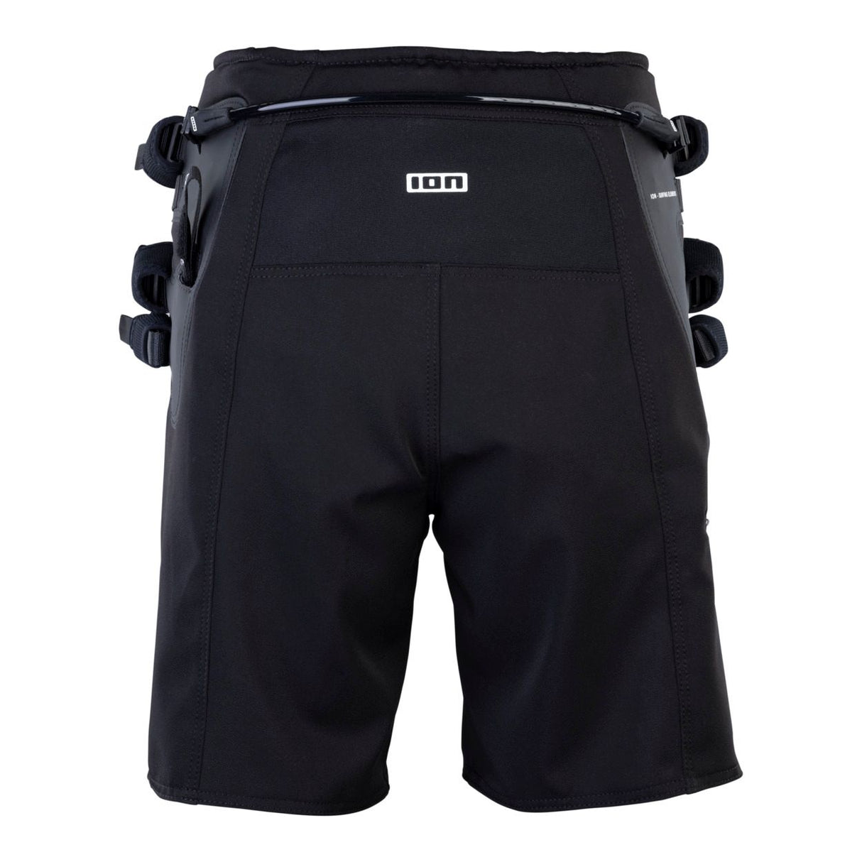 ION B2 2026 Shorts in Schwarz, Rückansicht mit seitlichen Verschlüssen und Polsterung